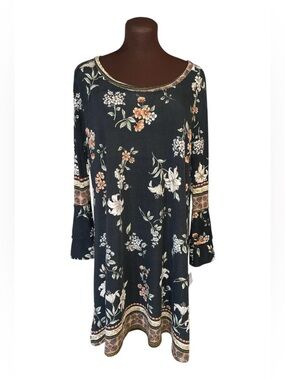 NWT ANGIE Boho Smock Sheath Soft Flannel Black Orange Floral Long Sleeve Dress